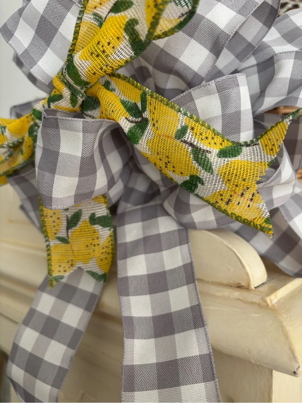 Gray Bow Country Wreath Gingham Lemon DIY Ribbon Bow - Hand Crafted Final Sale